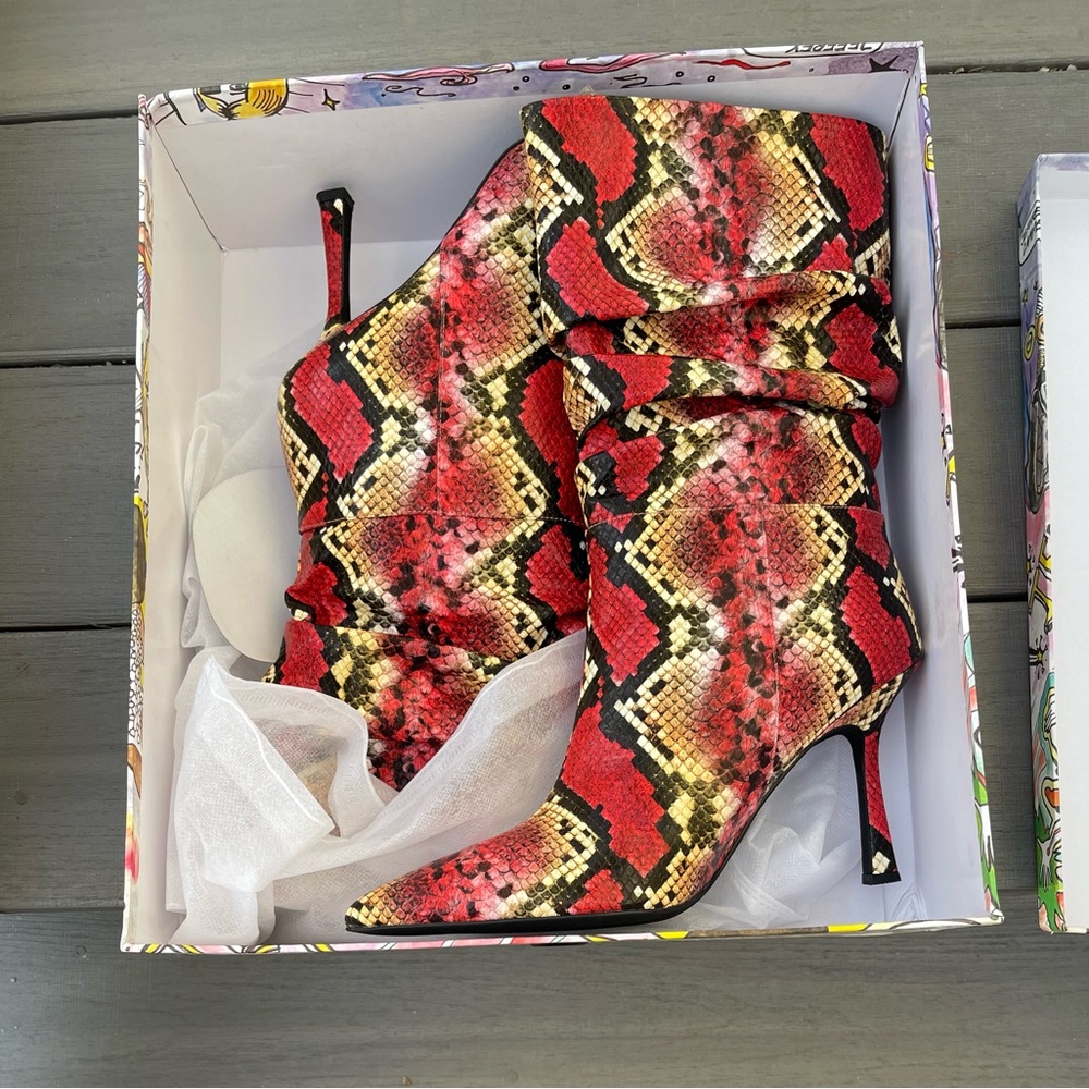 Jeffrey Campbell Guillo-2 Heeled Boots in Red and Yellow Snakeskin Pattern Sz 10